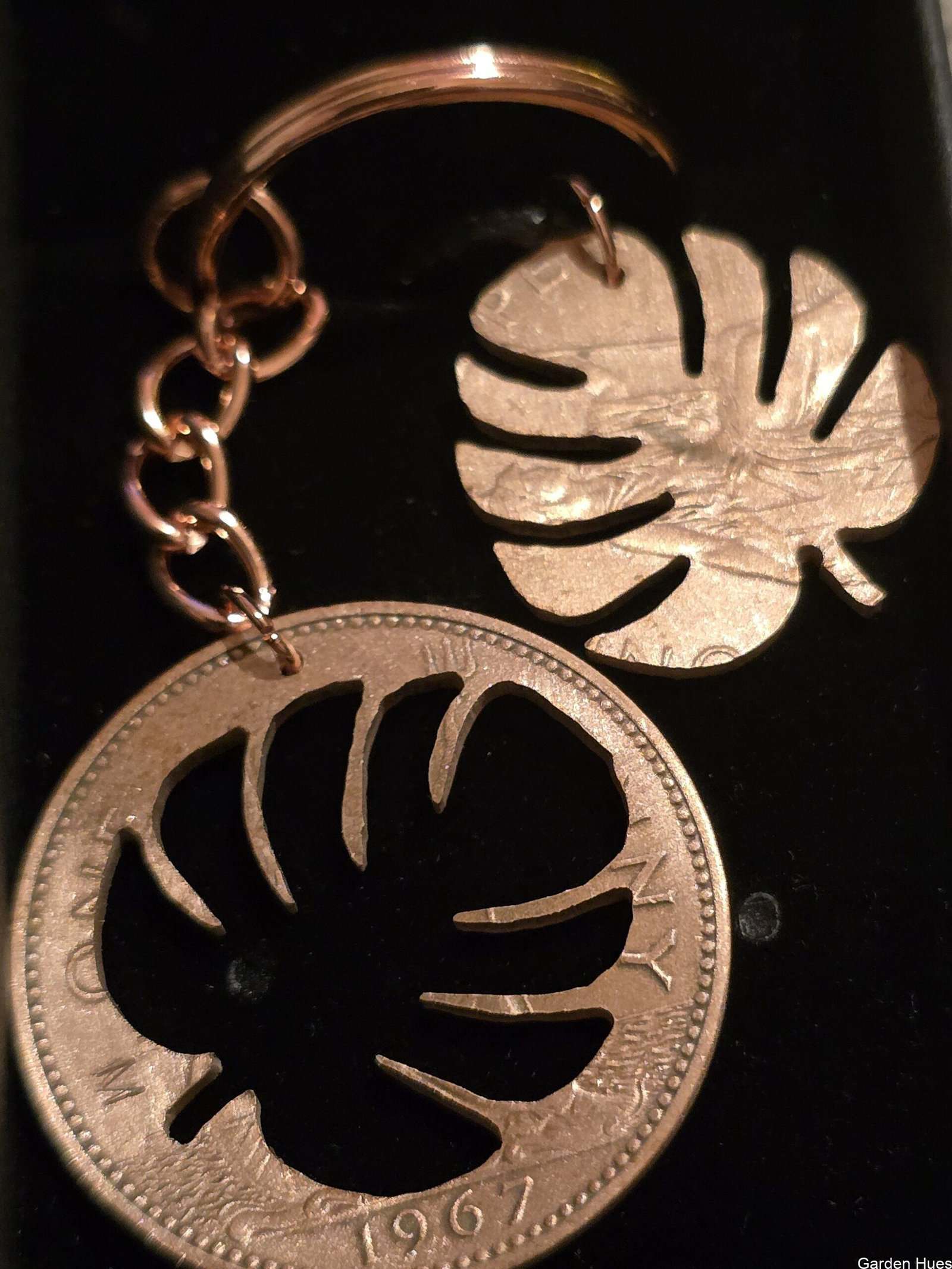 Pre-Decimal 1p Coin Jewellery & Keyring "monstera swiss cheese plant" - Image 3