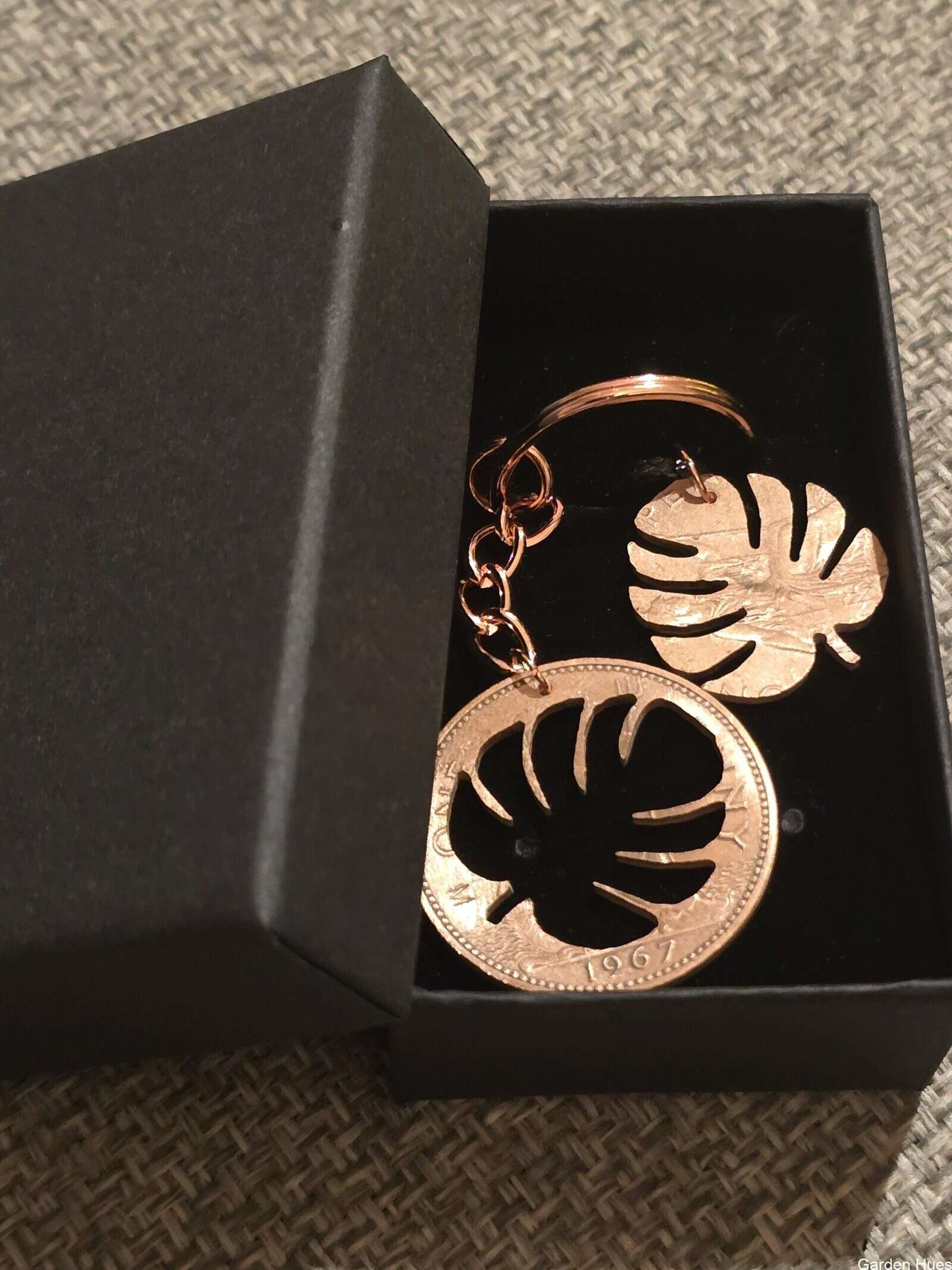 Pre-Decimal 1p Coin Jewellery & Keyring "monstera swiss cheese plant" - Image 2